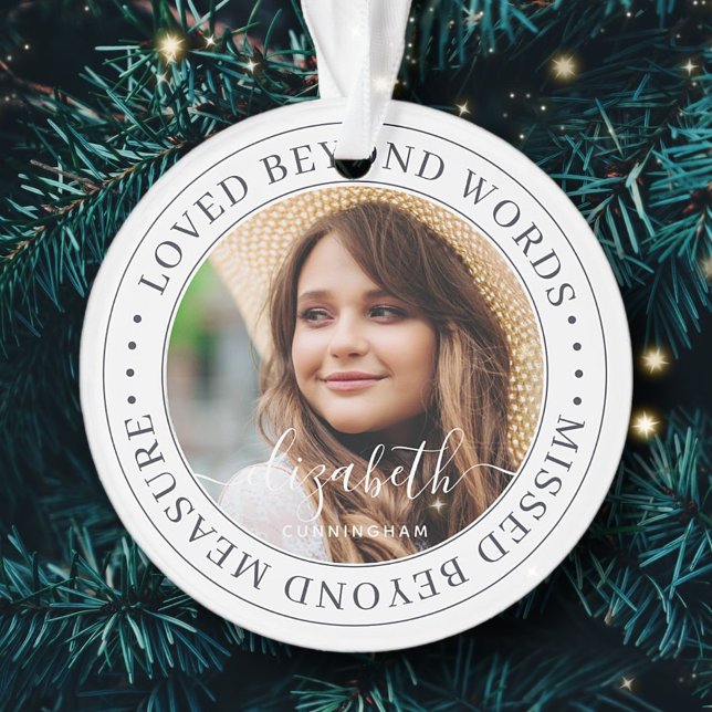 Memorial Loved Beyond Words Elegant Chic Photo Ornament (Creator Uploaded)