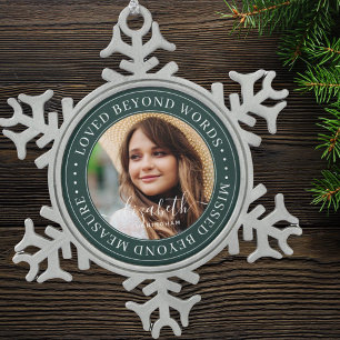 Memorial Loved Beyond Words Elegant Chic Photo Snowflake Pewter Christmas Ornament