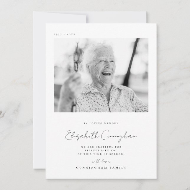 Memorial Loving Memory Elegant Simple Modern Photo Thank You Card (Front)