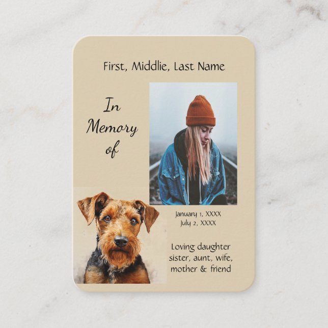 Memorial Memory Card Airdale Terrier Dog Owner (Front)