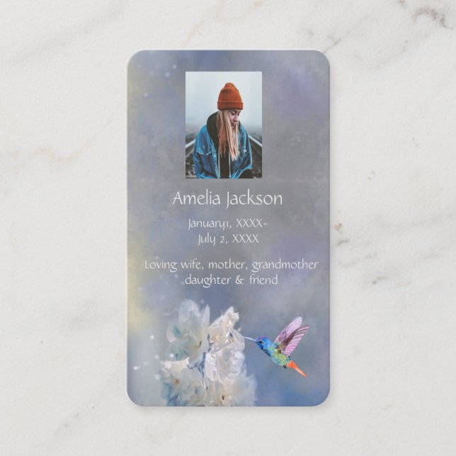 Memorial Memory Card Hummingbird  White Flowers (Front)