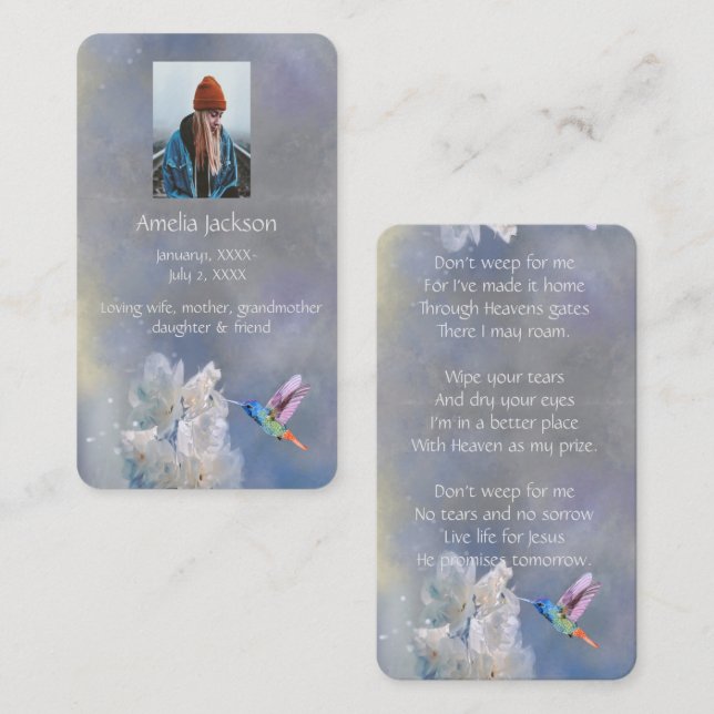 Memorial Memory Card Hummingbird  White Flowers (Front/Back)