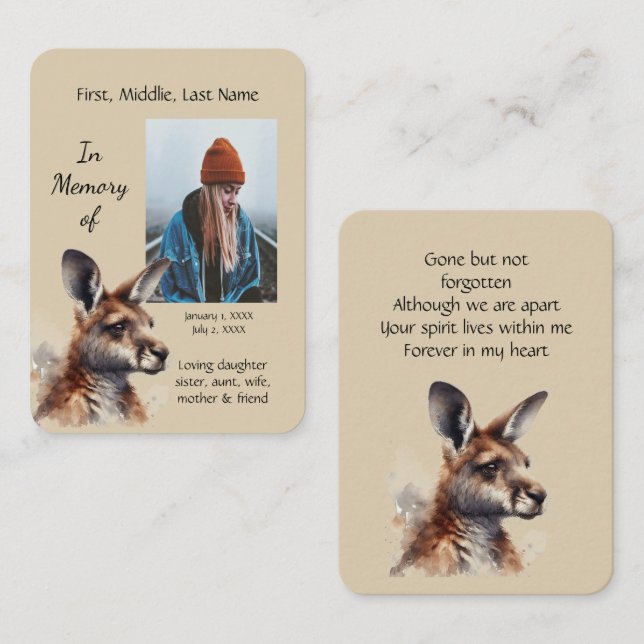 Memorial Memory Card Kangaroo Lover Australian  (Front/Back)