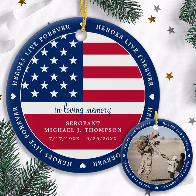 Memorial Military Soldier American Flag Photo Ceramic Ornament (Creator Uploaded)