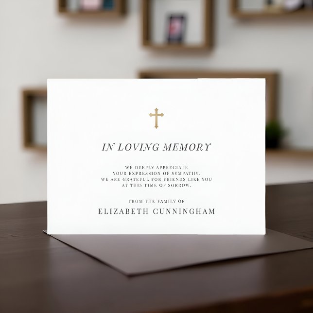 Memorial Modern Faux Gold Cross In Loving Memory Thank You Card (Creator Uploaded)
