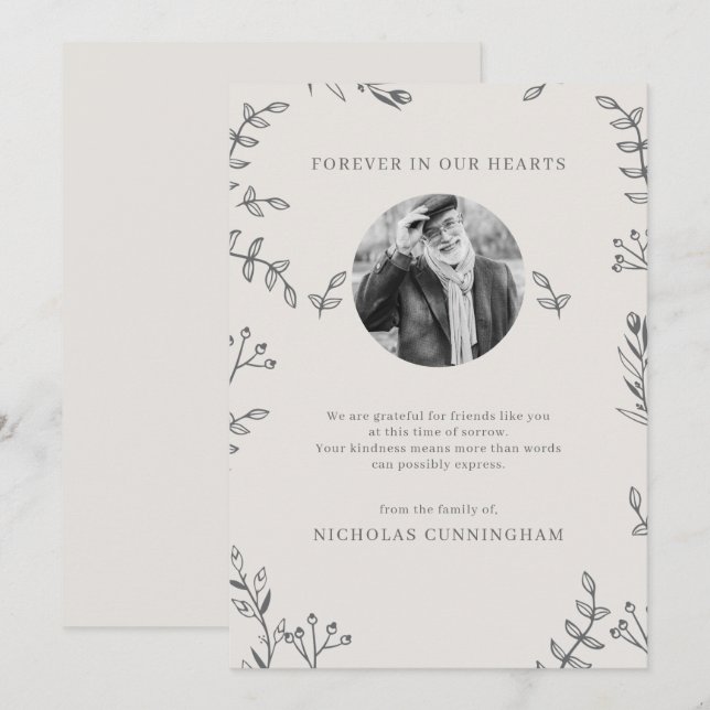 Memorial Modern Simple Foliage Botanical Thank You Card (Front/Back)