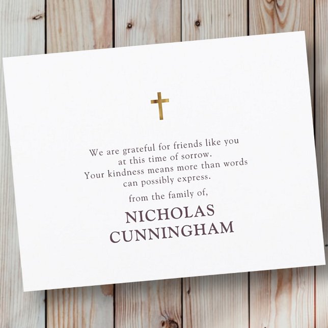 Memorial Modern Simple Gold Cross Thank You Card (Creator Uploaded)