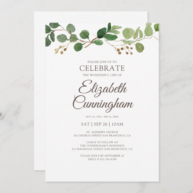 Memorial Modern Simple Greenery Foliage Botanicals Invitation (Front/Back)