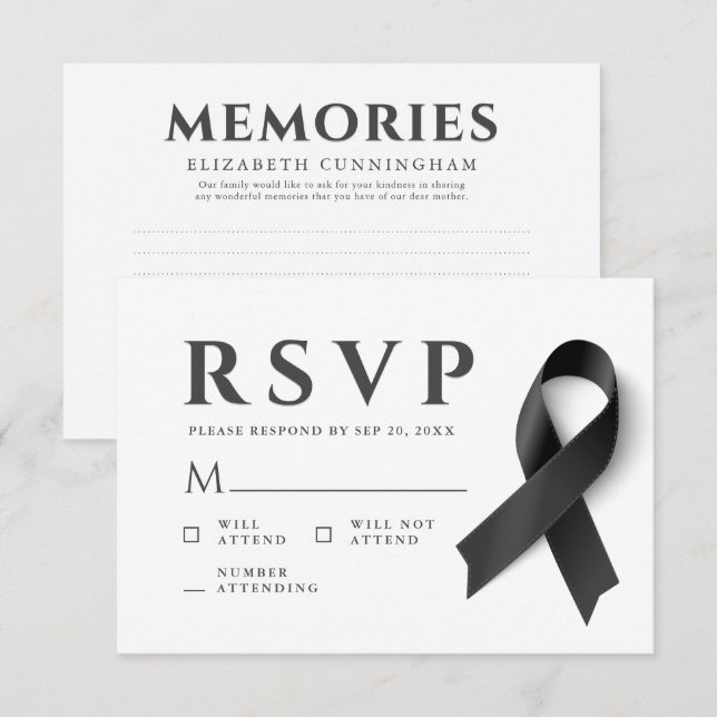 Memorial Modern Simple Memories Black Ribbon RSVP Card (Front/Back)