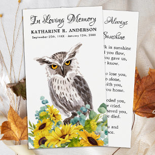 Memorial Owl Sunflowers Floral Funeral Prayer Card