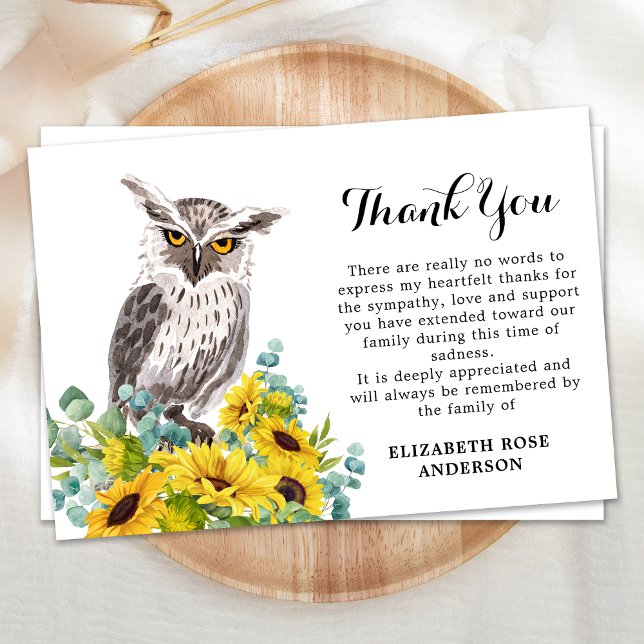 Memorial Owl Sunflowers Sympathy Funeral Thank You Card (Creator Uploaded)