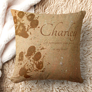 Memorial Pet Tan Muddy Paw Prints Name  Cushion