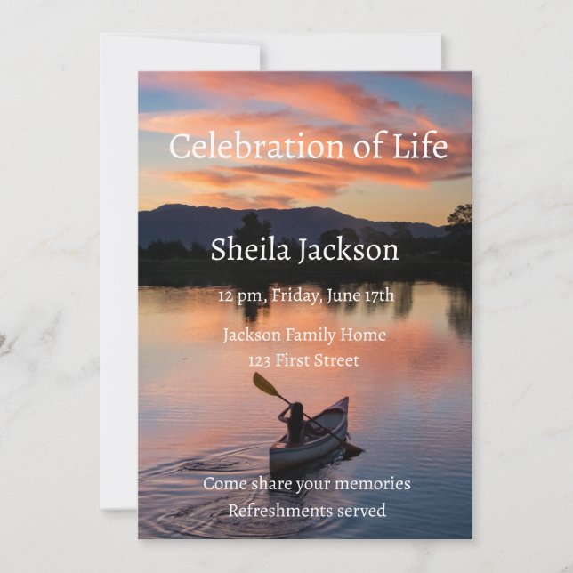 Memorial Photo Canoe Canoeing Paddling Lake Sunset Invitation (Front)
