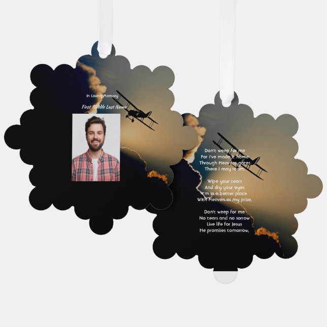 Memorial Photo Christian Pilot Aeroplane Flying  Tree Decoration Card (Front/Back)