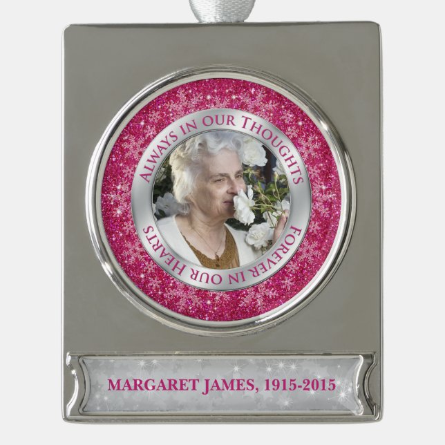 Memorial Photo Christmas Pink Silver Snowflake Plated Banner Ornament (Front)