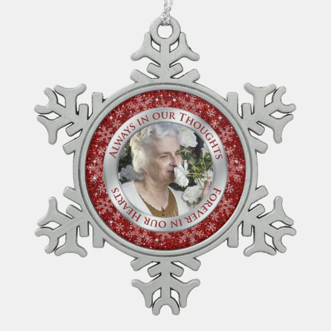 Memorial Photo Christmas Red Silver Snowflake Pewter Christmas Ornament (Front)
