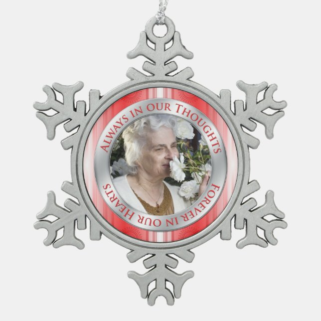 Memorial Photo Christmas Red Silver White Snowflake Pewter Christmas Ornament (Front)