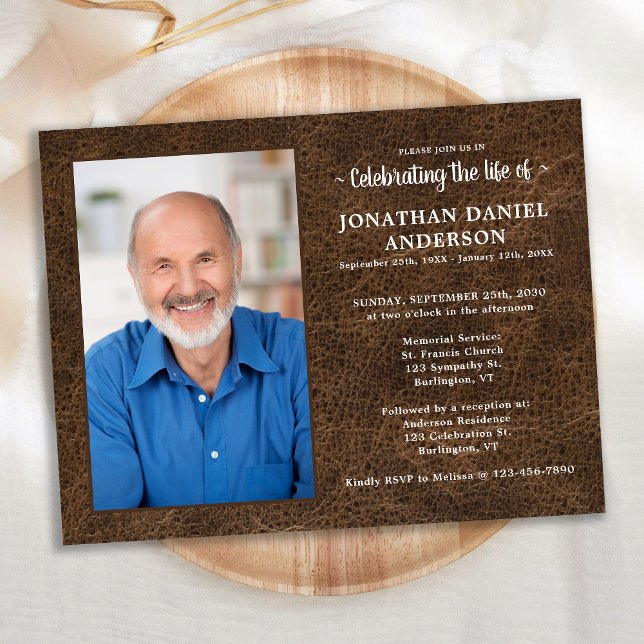 Memorial Photo Faux Leather Celebration Of Life Invitation Postcard (Creator Uploaded)