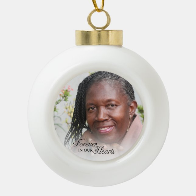 Memorial Photo Forever In Our Hearts Mother Ceramic Ball Christmas Ornament (Front)