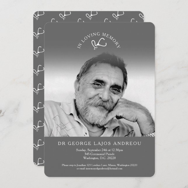Memorial photo grey doctor funeral invitations (Front/Back)