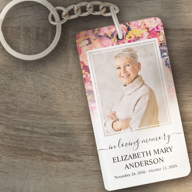 Memorial Photo In Loving Memory Bright Floral Key Ring (Creator Uploaded)