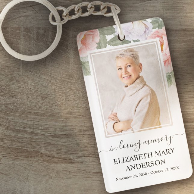 Memorial Photo In Loving Memory Pink White Floral Key Ring (Creator Uploaded)