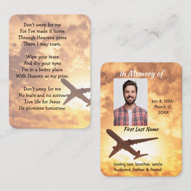 Memorial Photo Keepsake Aeroplane Pilot Business Card (Front/Back)