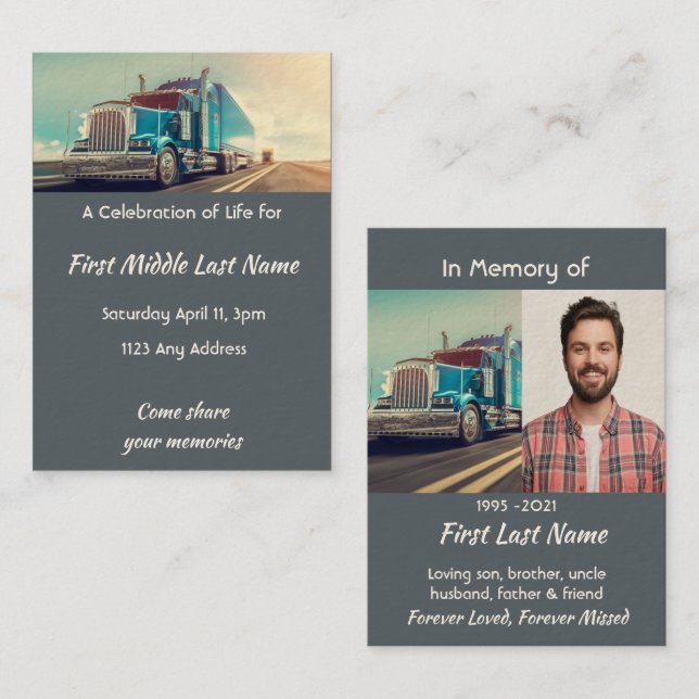 Memorial Photo Keepsake Semi Truck Tractor Trailer Business Card (Front/Back)