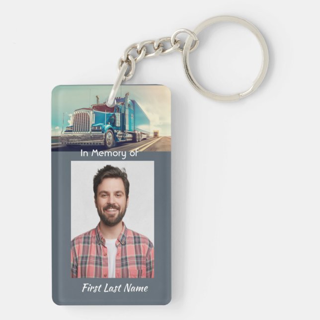 Memorial Photo Keepsake Semi Truck Tractor Trailer Key Ring (Back)