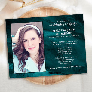 Memorial Photo Marble Green Celebration Of Life Invitation Postcard
