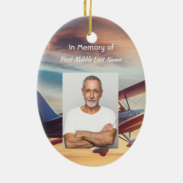 Memorial Photo Pilot Aeroplane Flying Sunset Ceramic Ornament (Back)