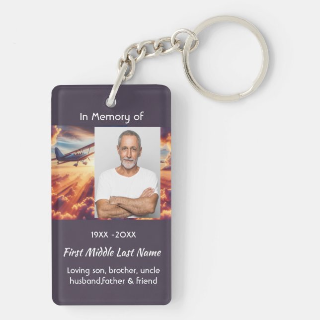 Memorial Photo Pilot Aeroplane Flying Sunset Key Ring (Back)