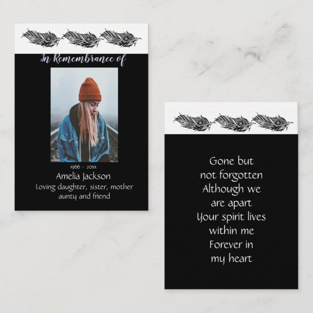 Memorial Photo Pocket Keepsake Feather Tribal Business Card (Front/Back)
