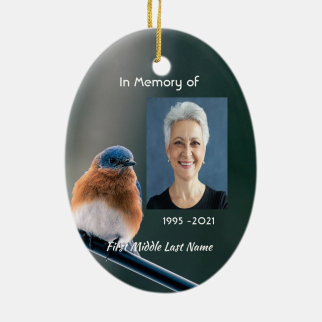 Memorial Photo Prayer Bluebird Garden Bird  Ceramic Ornament (Back)