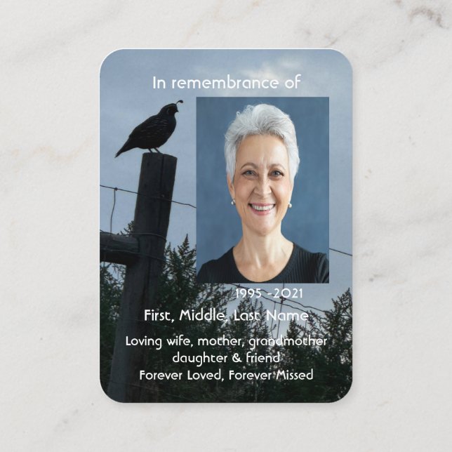 Memorial Photo Prayer California Quail Bird Business Card (Back)