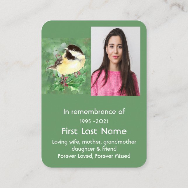 Memorial Photo Prayer Chickadee Bird Wildlife Art Business Card (Back)