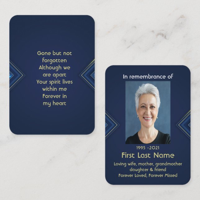 Memorial Photo Prayer Elegant Blue & Gold Business Card (Front/Back)