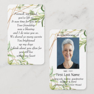 Memorial Photo Prayer Farewell My Friend  Business Card
