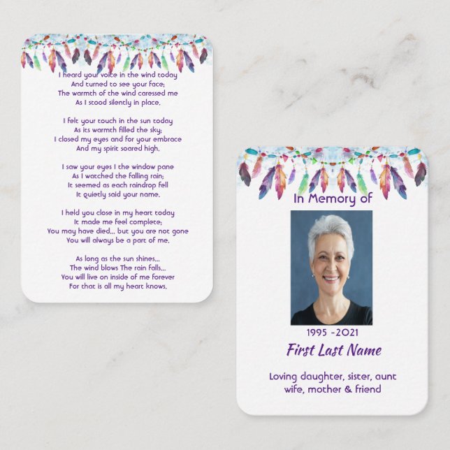 Memorial Photo Prayer Feathers Boho Tribal Native Business Card (Front/Back)