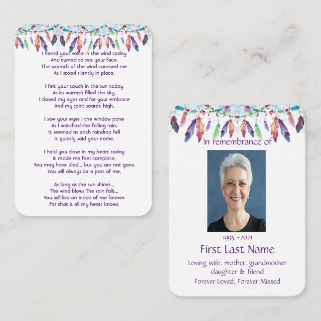 Memorial Photo Prayer Feathers Boho Tribal Native Business Card (Front/Back)