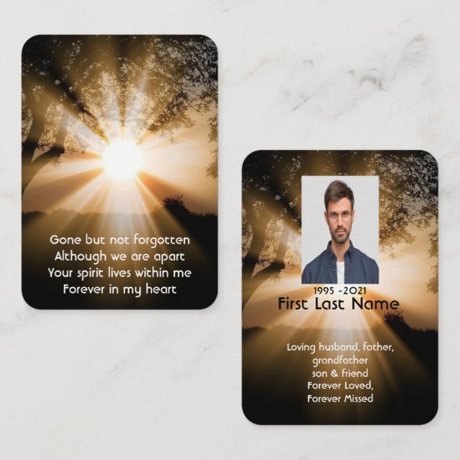 Memorial Photo Prayer Forest Trail Sunlight Beams Business Card (Front/Back)