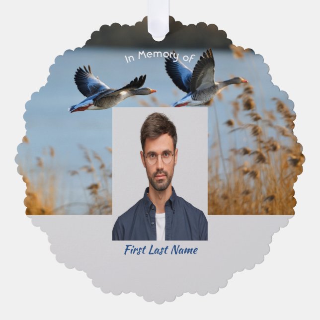 Memorial Photo Prayer Lake Geese Birds Tree Decoration Card (Front)