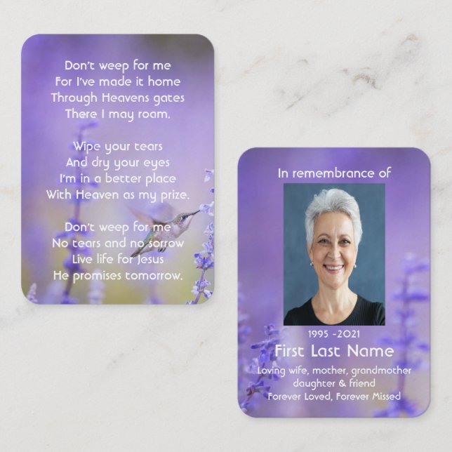 Memorial Photo Prayer Lavender Hummingbird  Business Card (Front/Back)