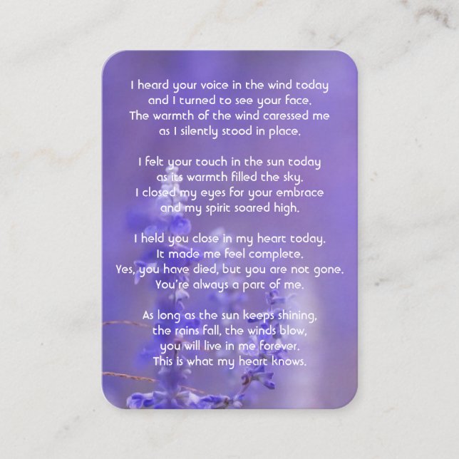 Memorial Photo Prayer Lavender Hummingbird Garden Business Card (Front)