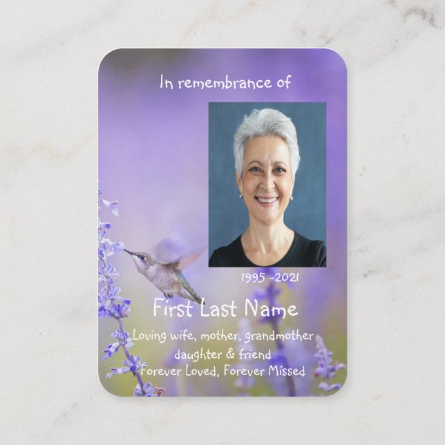Memorial Photo Prayer Lavender Hummingbird Garden Business Card (Back)