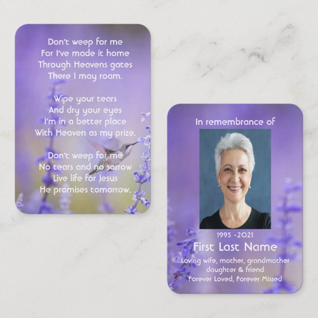 Memorial Photo Prayer Lavender Hummingbird Garden  Business Card (Front/Back)
