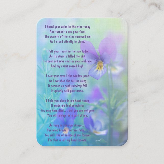Memorial Photo Prayer Pansy Flower Garden Business Card (Front)