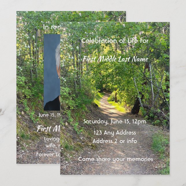 Memorial Photo Prayer Path Trail Forest Trees Invitation (Front/Back)
