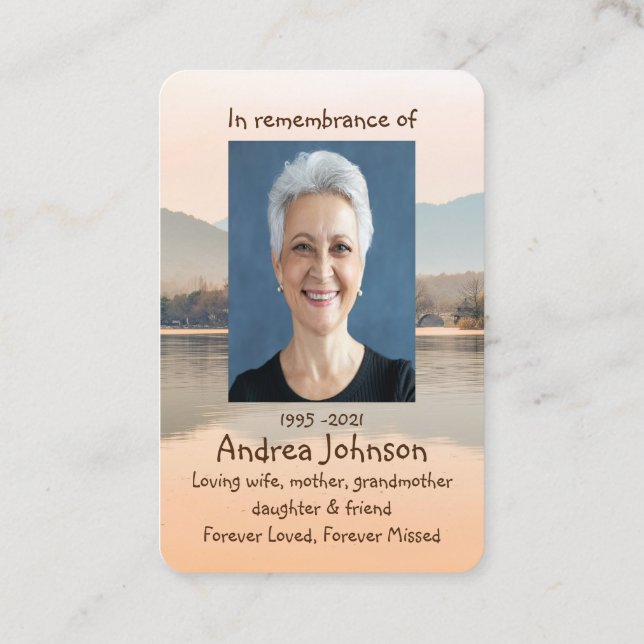 Memorial Photo Prayer Peaceful Calm Lake Shore Business Card (Back)
