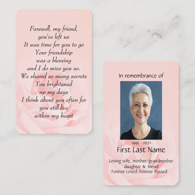 Memorial Photo Prayer Rose   Farewell My Friend Business Card (Front/Back)